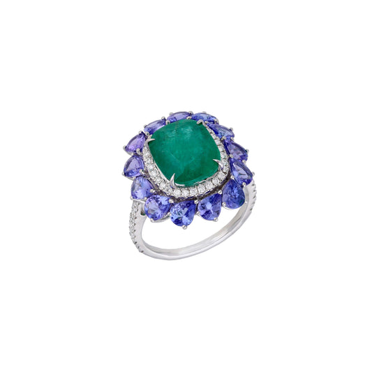 Tanzanite emerald diamond white gold ring | Emerald cushion cut gemstone ring gold | Blue green stone ring for her | Art deco emerald ring