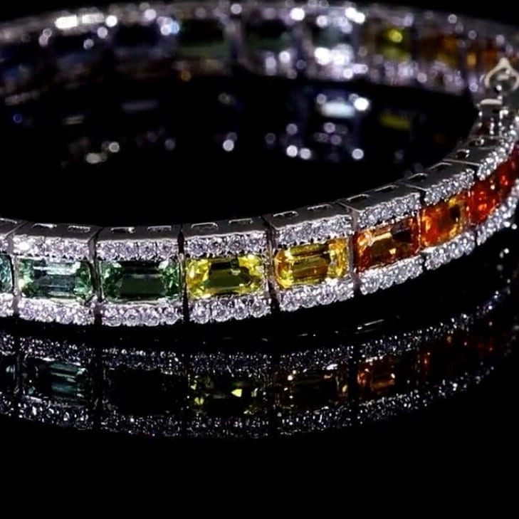 18k Gold Multi Sapphire Tennis Bracelet / Real Diamond Jewelry / Gift For Girlfriend / Solid Gold Bracelet Gift For Her