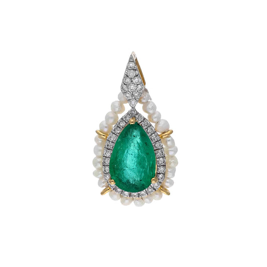 Victorian Style Gemstone Jewelry / Pear Cut Emerald Pearl Diamond Pendant / 18k Solid Gold / Bridal Jewelry For Her/ Anniversary Gifts