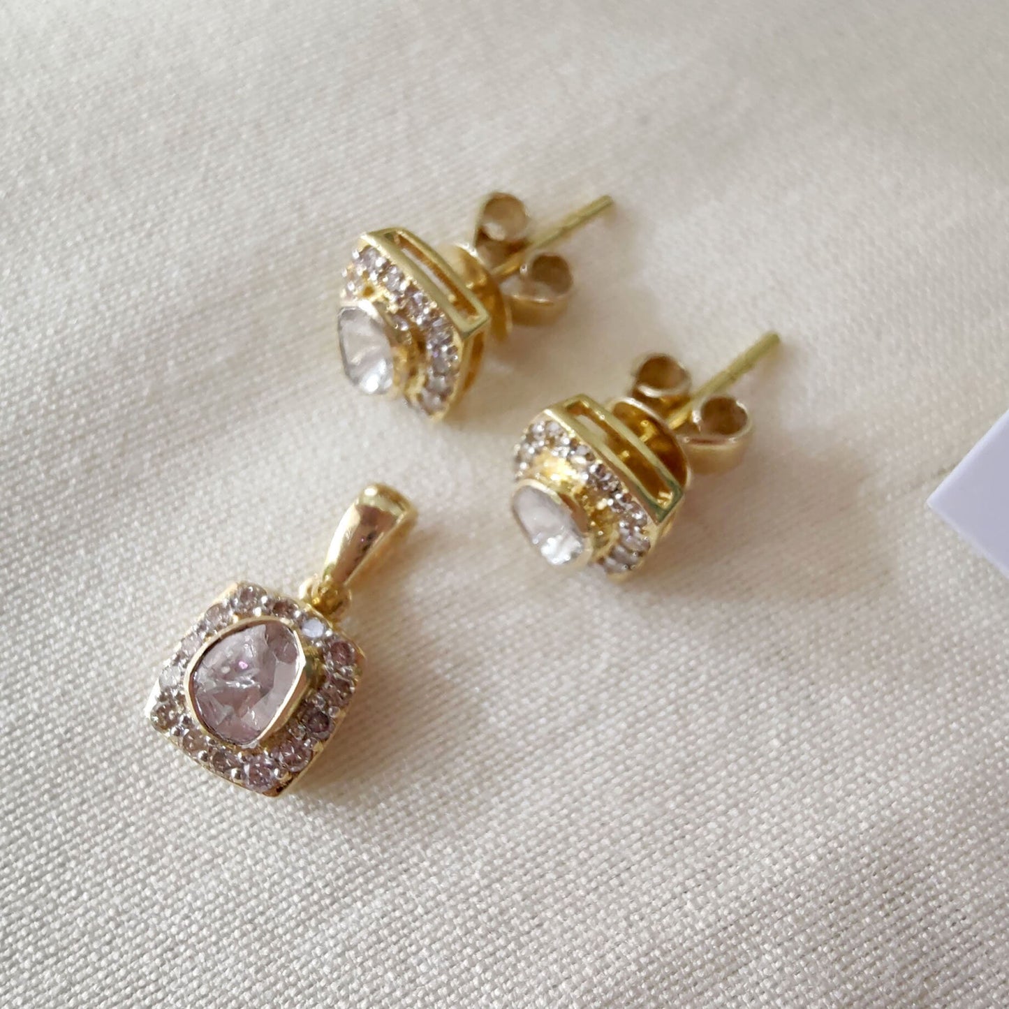 Pave Diamond Pendant with Earring Set | Dainty Polki Diamond Pendant Charms | Pave Diamond Stud Earrings | Solid 14k Yellow Gold Jewelry Set