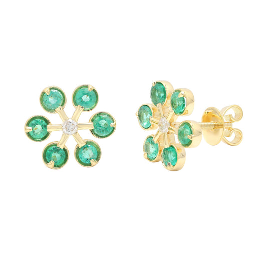 natural emerald round daisy stud earrings / 18k solid gold stud earrings for girls / Green emerald flower earrings for her / 12mm