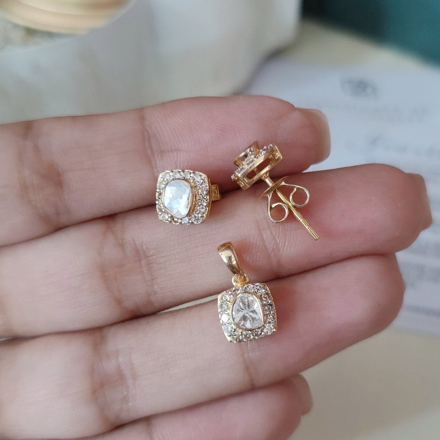 Pave Diamond Pendant with Earring Set | Dainty Polki Diamond Pendant Charms | Pave Diamond Stud Earrings | Solid 14k Yellow Gold Jewelry Set