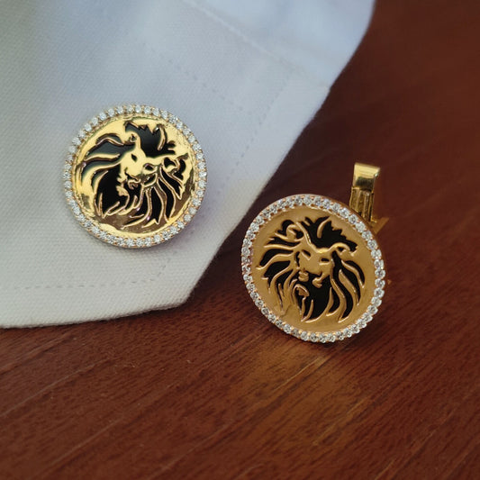 Vintage Lion Designer Gold Cufflinks, Solid 14K Gold Handmade Fine Jewelry, Pave Diamond Cufflink For Groomsmen, Black Onyx Cuff Links