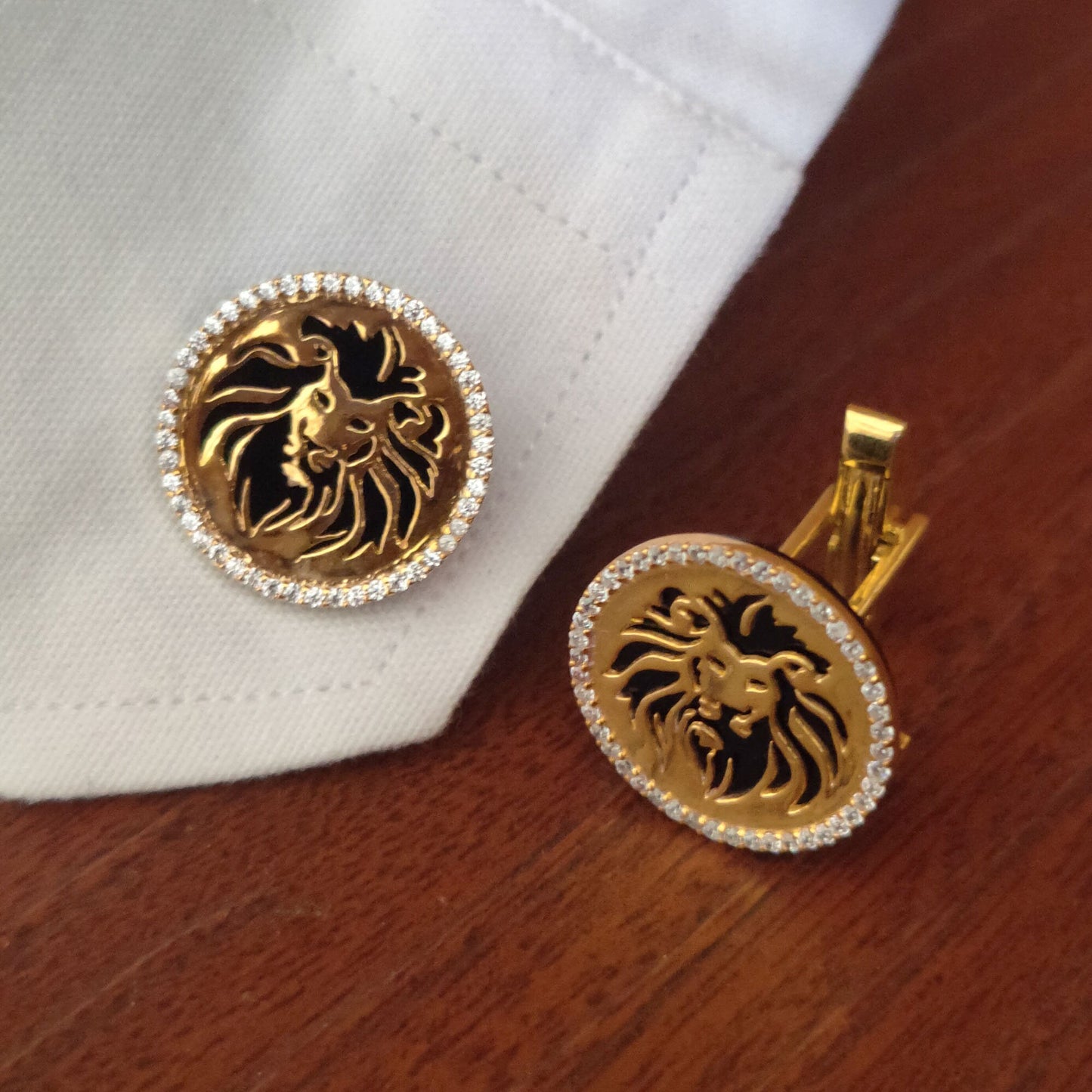 Vintage Lion Designer Gold Cufflinks, Solid 14K Gold Handmade Fine Jewelry, Pave Diamond Cufflink For Groomsmen, Black Onyx Cuff Links