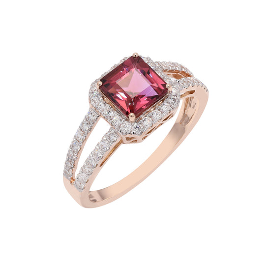 Pink Tourmaline Gemstone Gold Ring in Solid 14K Rose Gold Statement Ring | Princess Cut Tourmaline Diamond Halo Ring Jewelry For Anniversary