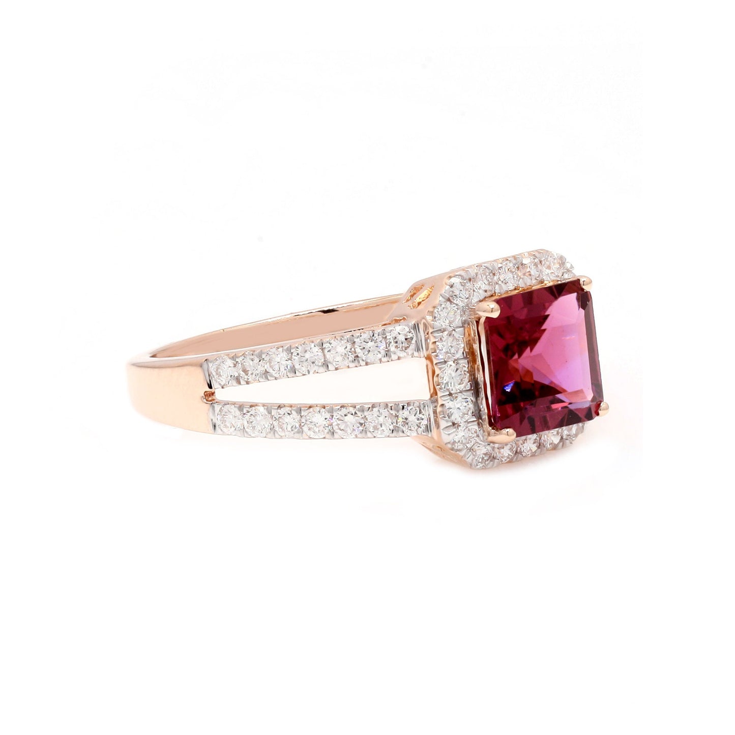 Pink Tourmaline Gemstone Gold Ring in Solid 14K Rose Gold Statement Ring | Princess Cut Tourmaline Diamond Halo Ring Jewelry For Anniversary
