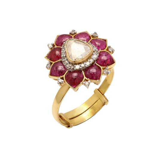 Vintage Natural Diamond Ruby Ring Gold, Solid 18k Yellow Gold Polki Diamond Ring For Women, Ruby Birthstone Statement Ring Jewelry