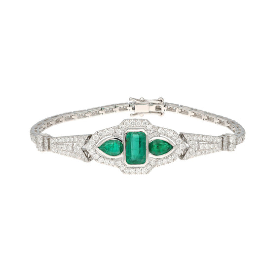 Green Emerald Gold Bracelet / 18k White Gold Natural Diamond Statement Bracelet / Art Deco Gold Emerald Diamond Bracelet For Gift
