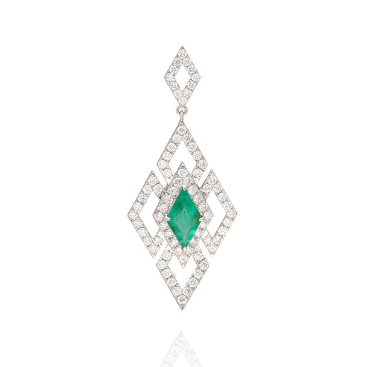 Vintage Emerald Diamond Pendant in Solid 18K White Gold, Natural Diamond Minimalist Pendants For Women, Kite Shape Emerald Pendant Jewelry
