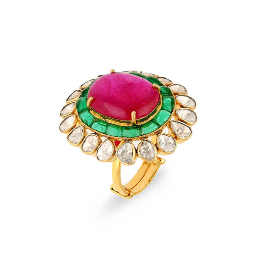 Vintage Designer Ruby Emerald with Diamond Ring, Solid 14k Yellow Gold Statement Ring, Natural Polki Ruby Gemstone Rings Jewelry For Women