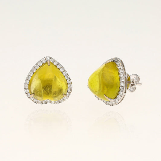 Yellow Tourmaline Diamond Stud Earring, 18K White Gold Natural Diamond Earrings Jewelry, Tourmaline Gemstone Minimalist Earring For Women