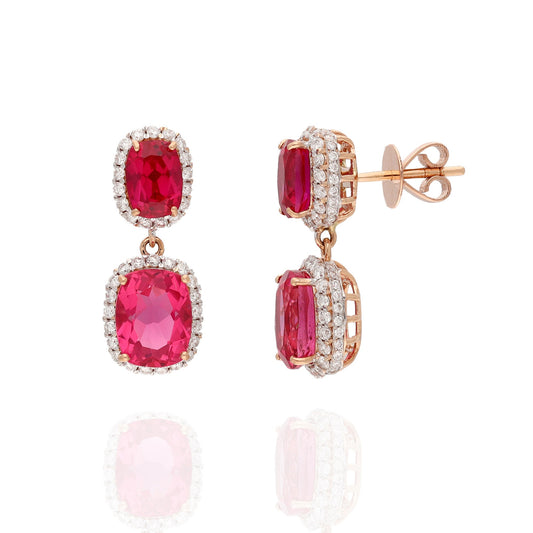 Synthetic Ruby & Diamond Stud Earrings in 18k Rose Gold, Natural Diamond Gold Earring Jewelry, Solid 18k Dangle Anniversary Earrings Gift