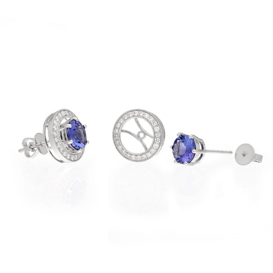 Real tanzanite stud earring with pave diamond round jacket border in 18k gold | Multi-Use stud earring in white gold | Detachable Earring