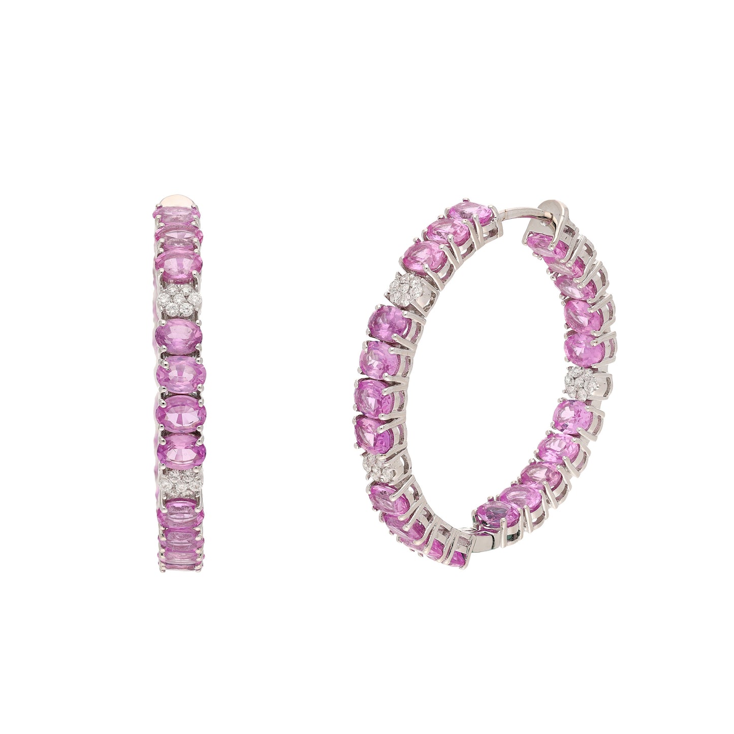 Solid 18k Gold Pink Sapphire Hoops, Oval Cut Gemstone Sapphire White Gold Conch Hoop Earring with Natural Diamond Earring Jewelry For Women