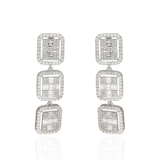 White Diamond Gemstone Geometric Earrings, Dainty 18k diamond earrings, Diamond Baguette Shape Drop Earring Jewelry For Bridesmaid