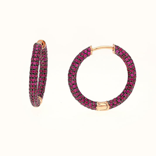 Dainty Round Cut Ruby Hoop Earring, Solid 18k Rose Gold Minimalist Earrings For Women, Handmade Huggie Hoop Ruby Earring Wedding Jewelry