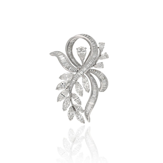 18k White Gold Diamond Brooch Pin | Authentic Antique Natural Diamond Unisex Brooch | 6.96 CTS. Mix Cut Diamond Brooch Gift For Wedding