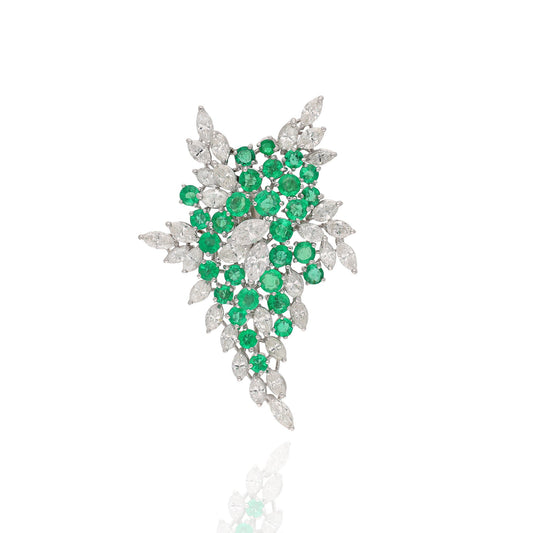 2.90 CTS. Emerald Art Deco Brooch Pin | 18k White Gold Natural Diamond Brooch For Wedding | Genuine Emerald Diamond Clip Pin Brooches