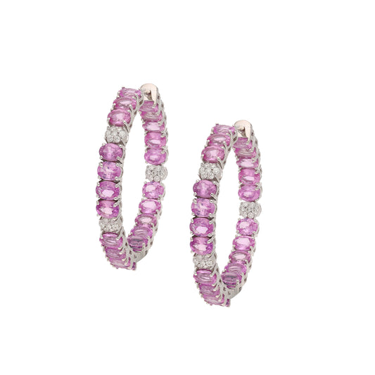 Solid 18k Gold Pink Sapphire Hoops, Oval Cut Gemstone Sapphire White Gold Conch Hoop Earring with Natural Diamond Earring Jewelry For Women