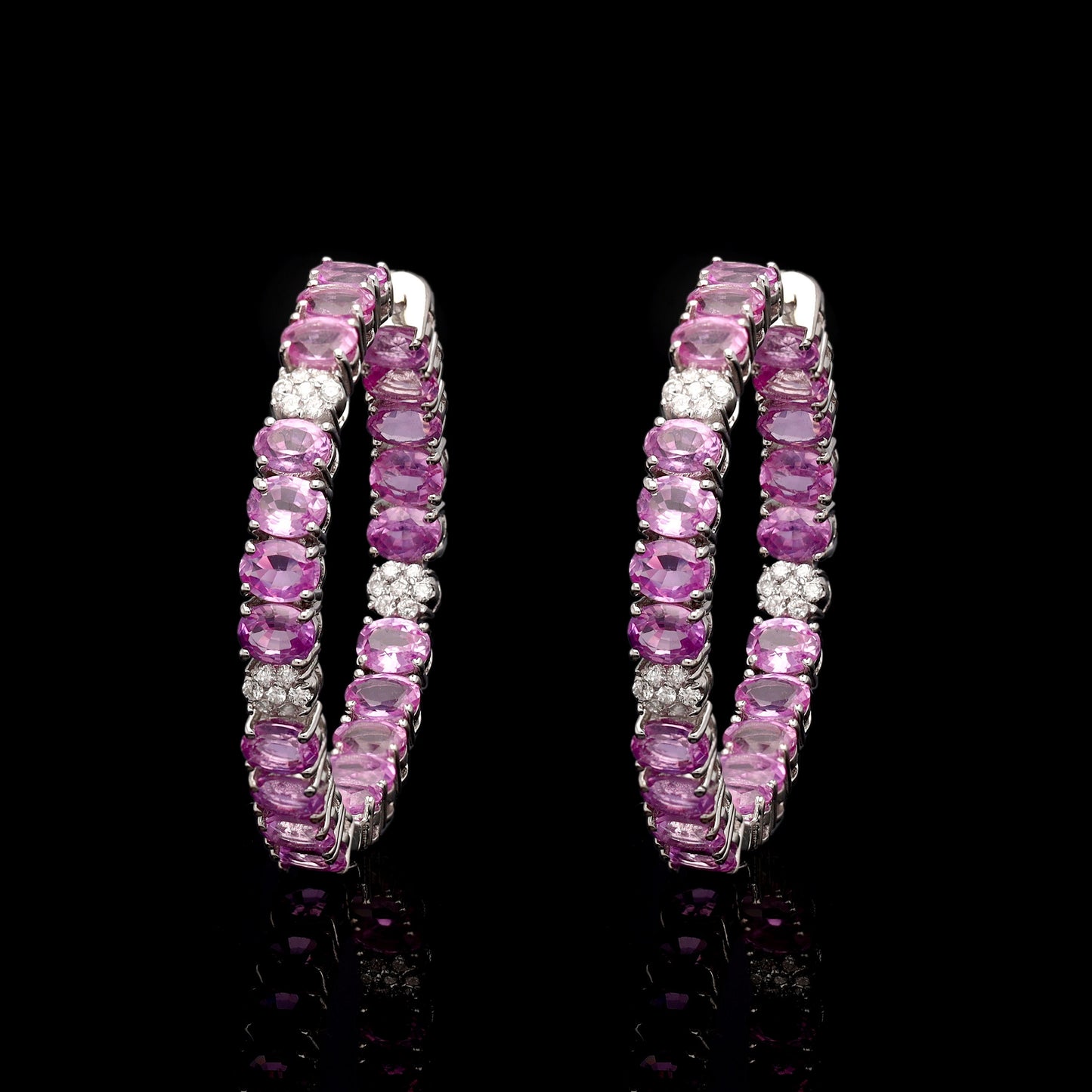 Solid 18k Gold Pink Sapphire Hoops, Oval Cut Gemstone Sapphire White Gold Conch Hoop Earring with Natural Diamond Earring Jewelry For Women