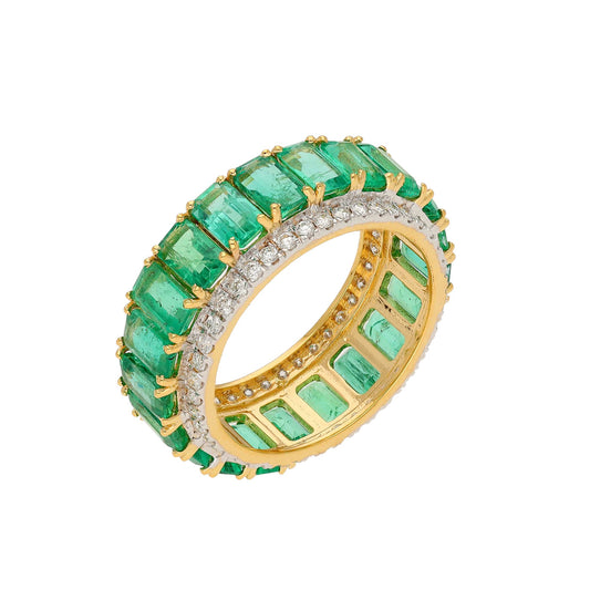 18k Gold Emerald Diamond Eternity Band Ring, Natural Diamond Wedding Band Jewelry, Yellow Gold Emerald Birthstone Rings For Women