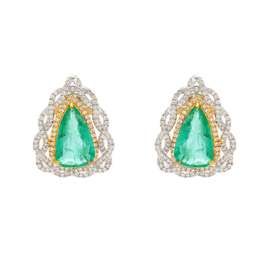 6.70 Cts. Zambian Emerald Diamond Halo Earrings | Solid 18k White Gold Natural Diamond Earrings For Women | Gold Emerald Push Back Earring