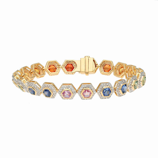 Multi Color Sapphire Diamond Statement Bracelet 18k Yellow Gold, Natural Certified Diamond Women Bracelets, Gold Rainbow Sapphire Jewelry