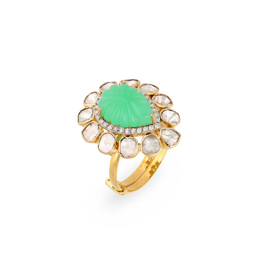 14k Gold Polki Chrysoprase Gemstone Ring, Yellow Gold Natural Polki Diamond Statement Rings, Pear Shape Chrysoprase Wedding Ring Jewelry