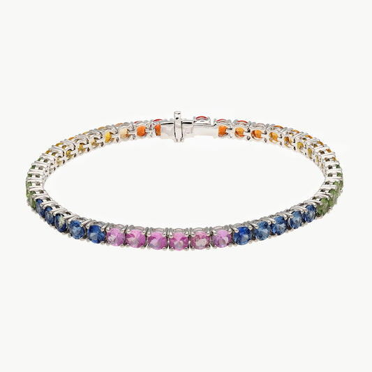 Solid 18k White Gold Natural Multi Sapphire Gemstone Tennis Bracelet Jewelry | Rainbow Sapphire Birthstone Bracelet Gold Gift For Women
