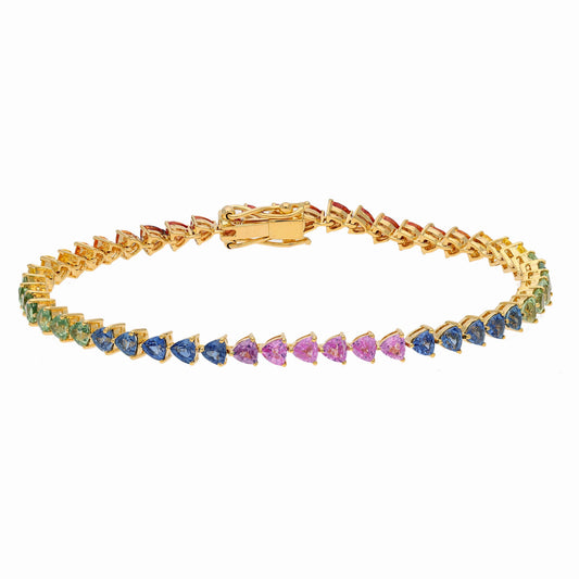 Solid 18k Gold Natural Multi Sapphire Gemstone Tennis Bracelet, Prong Set Rainbow Sapphire Birthstone Yellow Gold Bracelet Gift For Women