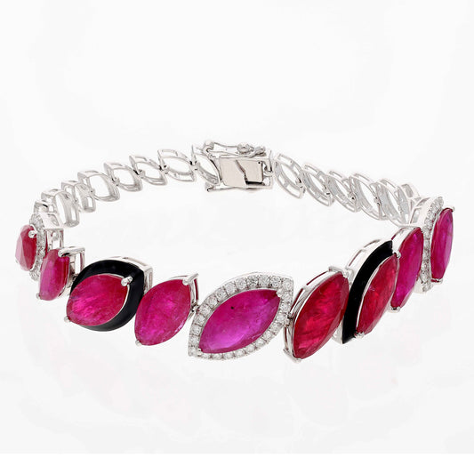 Ruby Diamond Gold Bracelet, 18k White Gold Natural Certified Diamond Statement Bracelets, Marquise Cut Ruby Enamel Gold Bracelet For Her