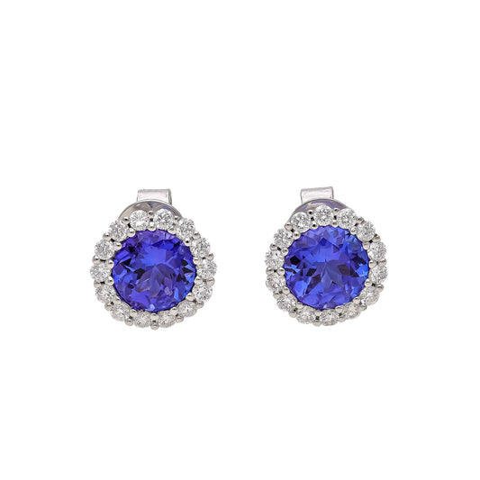 1.90 Cts. Blue Tanzanite Halo Earring 18k White Gold Natural Diamond Stud Earrings, Tanzanite December Birthstone Minimalist Earring Jewelry
