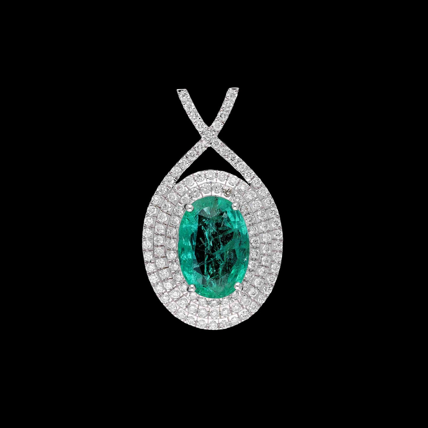 2.06 Cts. Natural Emerald & Diamond Pendant | 18k White Gold Natural Diamond Halo Necklace Pendants For Her | Emerald Minimalist Pendant