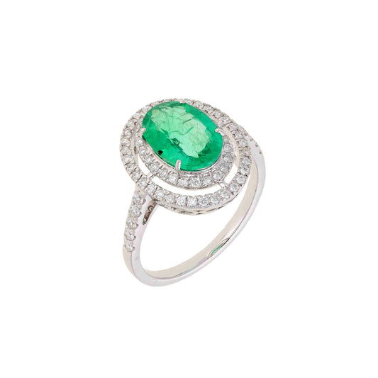 1.80 Cts. Natural Emerald Gemstone Ring | 18k White Gold Pave Diamond Halo Rings For Women | Solid Gold Diamond Emerald Engagement Ring Gift