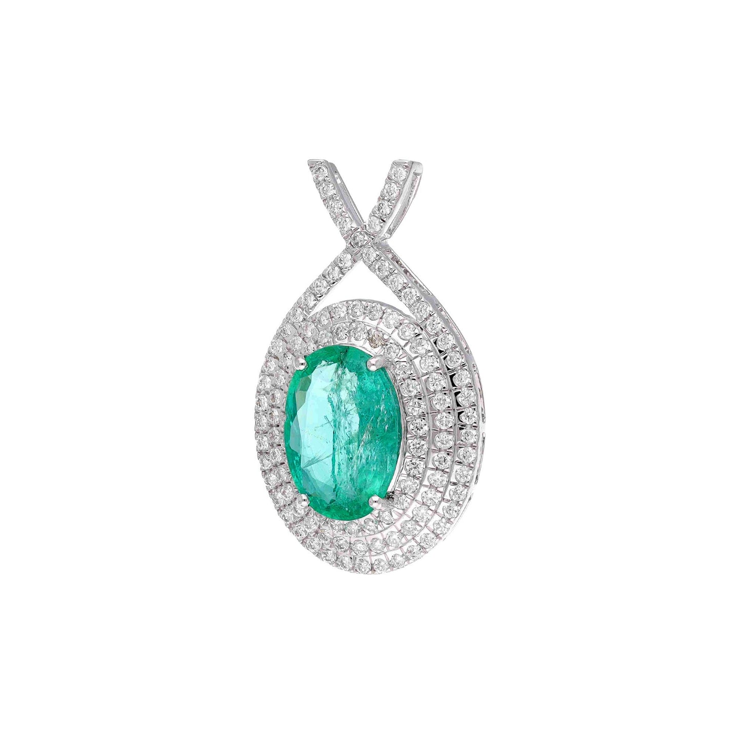 2.06 Cts. Natural Emerald & Diamond Pendant | 18k White Gold Natural Diamond Halo Necklace Pendants For Her | Emerald Minimalist Pendant