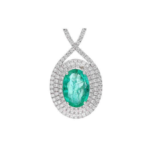 2.06 Cts. Natural Emerald & Diamond Pendant | 18k White Gold Natural Diamond Halo Necklace Pendants For Her | Emerald Minimalist Pendant