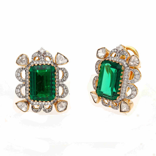 Solid 18k Yellow Gold Green Emerald Quartz & Natural Diamond Halo Stud Earring | Vintage Polki Diamond Gold Earring Jewelry Gift For Women