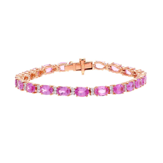 10.88 Cts. Pink Sapphire Tennis Bracelet | 18k Rose Gold Natural Diamond Minimalist Bracelet Jewelry | Sapphire & Diamond Handmade Bracelets
