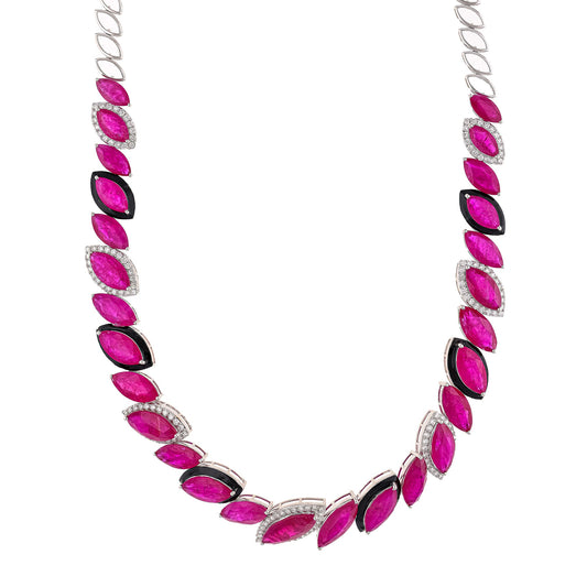 Natural Diamond Ruby Gold Choker Necklace, 18k White Gold Diamond Choker, Ruby with Black Enamel Necklace For Women, Gold Statement Jewelry