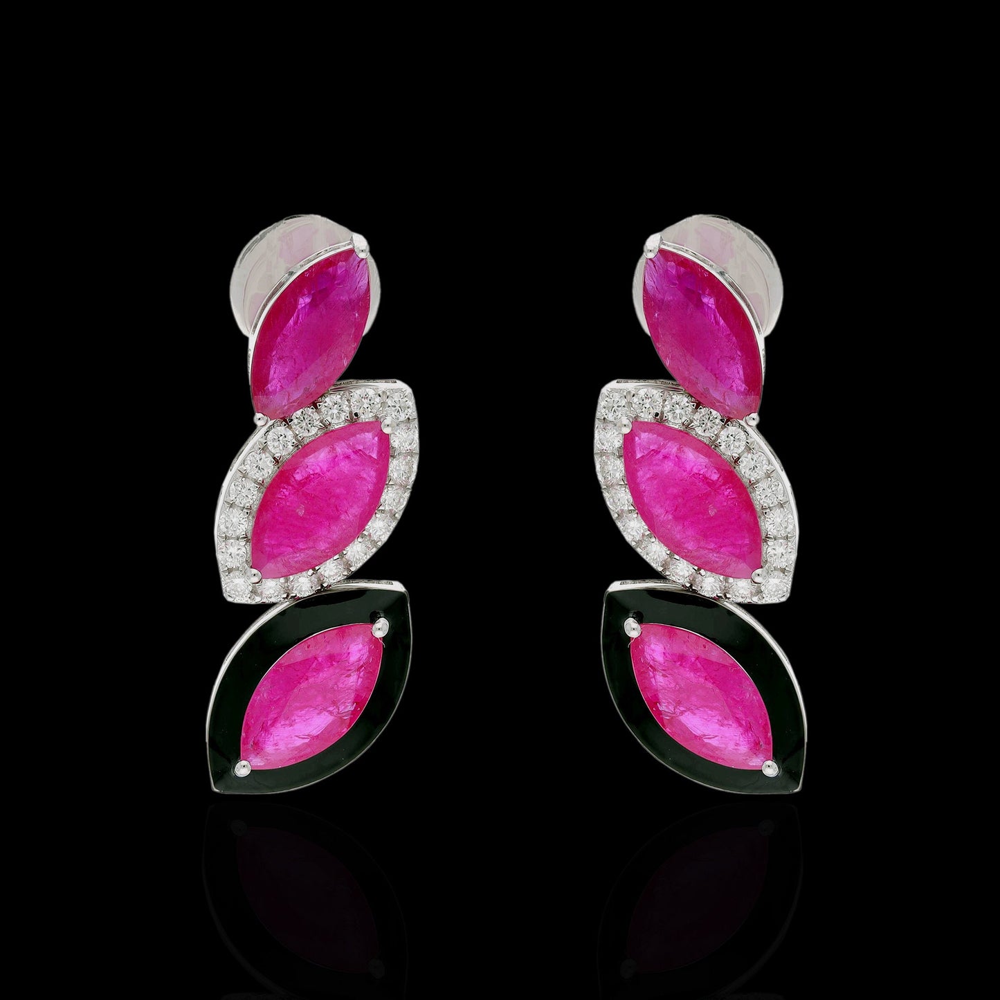 Ruby Diamond Earring | 18k White Gold Natural Diamond Stud Earrings For Women | Marquise Ruby Wedding Earring Handmade Enamel Gold Jewelry