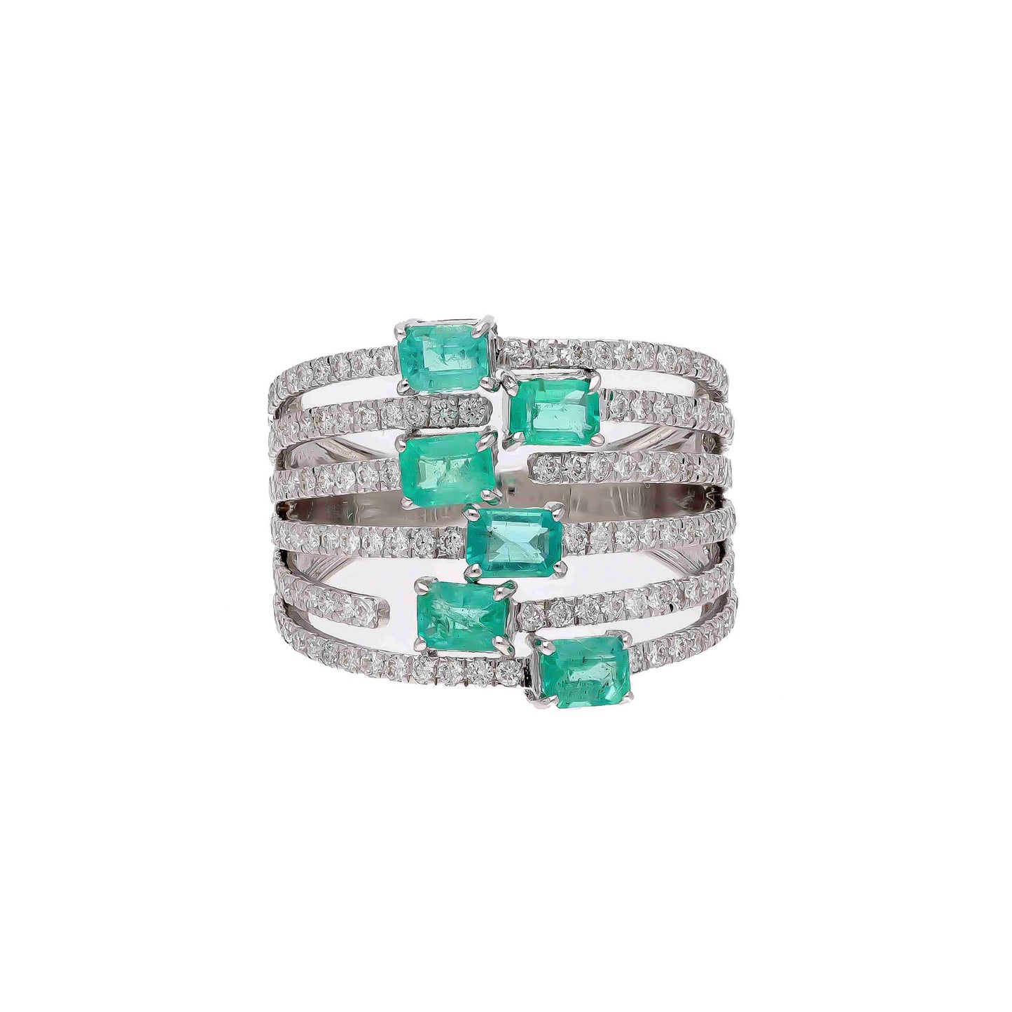 1.20 Cts Emerald Wide Band Ring | 18k White Gold Natural Diamond Split Shank Ring | Emerald Cut Emerald Band May Birthstone Wedding Rings