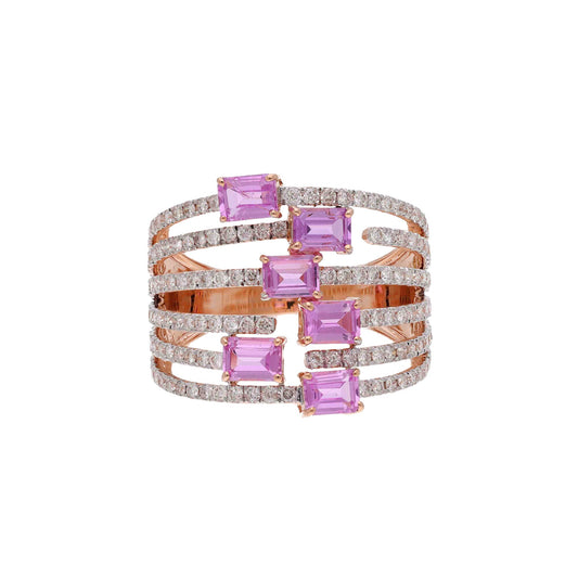 1.63Cts Pink Sapphire Baguette Wedding Ring | 18k Rose Gold Diamond Band | Natural Sapphire Split Shank Jewelry | Women's Wide Band