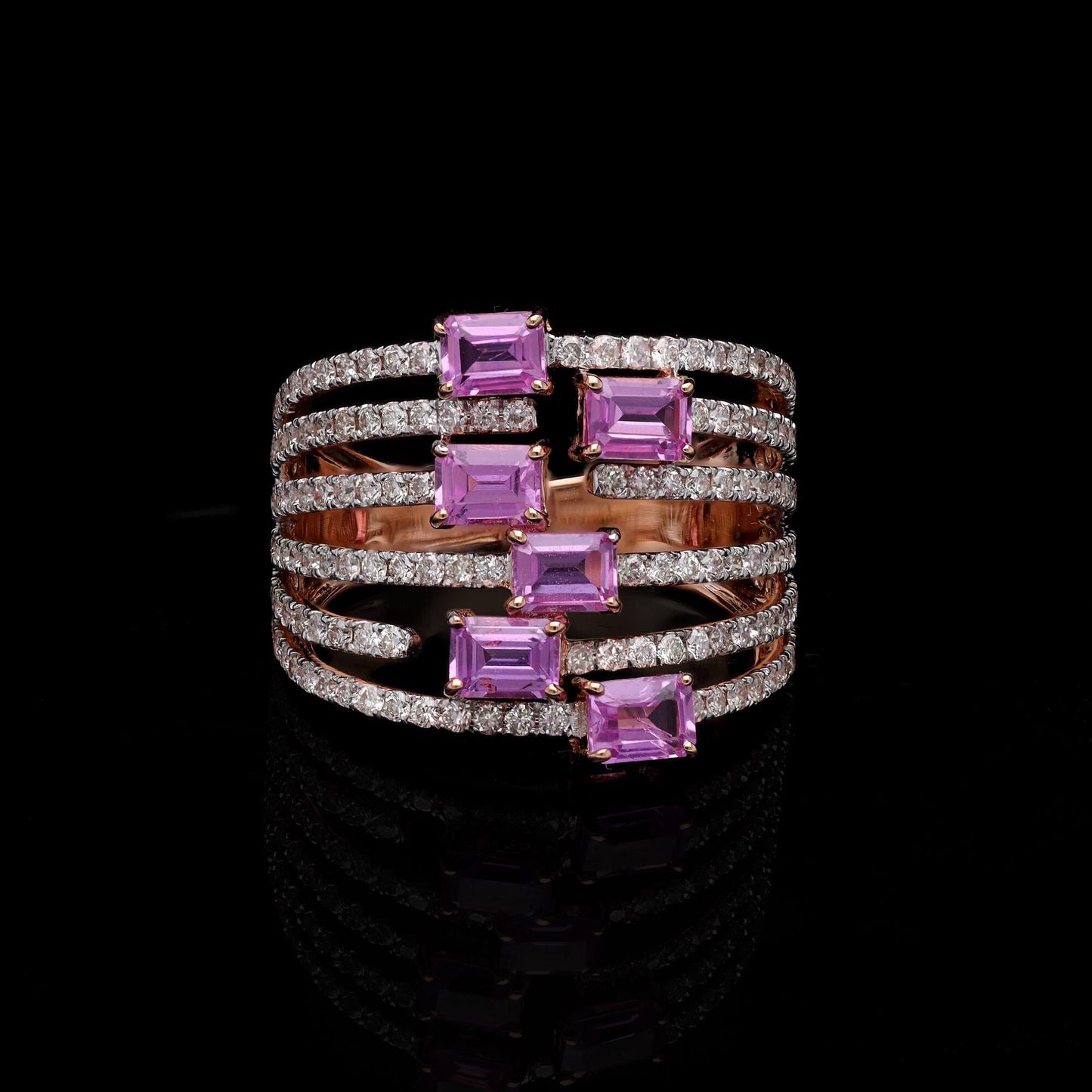 1.63Cts Pink Sapphire Baguette Wedding Ring | 18k Rose Gold Diamond Band | Natural Sapphire Split Shank Jewelry | Women's Wide Band