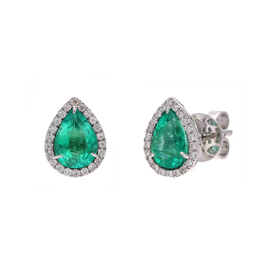 Pear Cut Emerald Stud Earring | 18k White Gold Natural Diamond Halo Stud Earrings For Women | Gold Minimalist Engagement Gift For Her