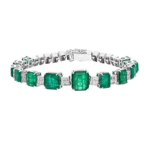 Stunning 15.16cts Natural Emerald Bracelet with 1.3cts Fine Diamonds in 18k White Gold - 7 inch Length - Gift for Her - Gemstone Jewelry