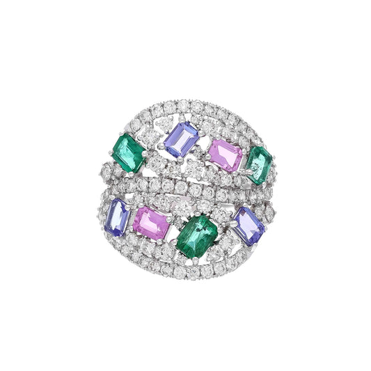 18K White Diamond Gold Ring / Emerald Statement Ring / Sapphire Gold Ring / Tanzanite Unique Jewelry / Multi Color Ring