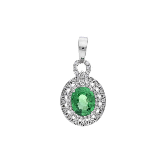 Victorian Style 1.03 cts Green Tourmaline & Diamond Pendant in 18k White Gold - Elegant Statement Jewelry