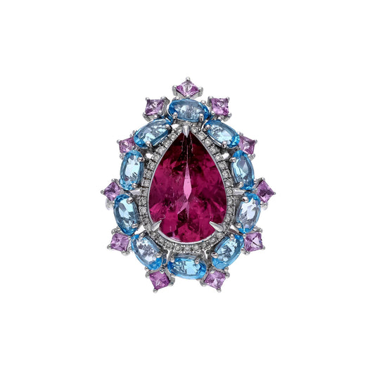 Rare 4.40 Cts Pear Cut Natural Pink Tourmaline with Blue Topaz & Pink Sapphire/ Designer Wedding Ring/ 18k White Gold Jewelry/ Gifts For Her