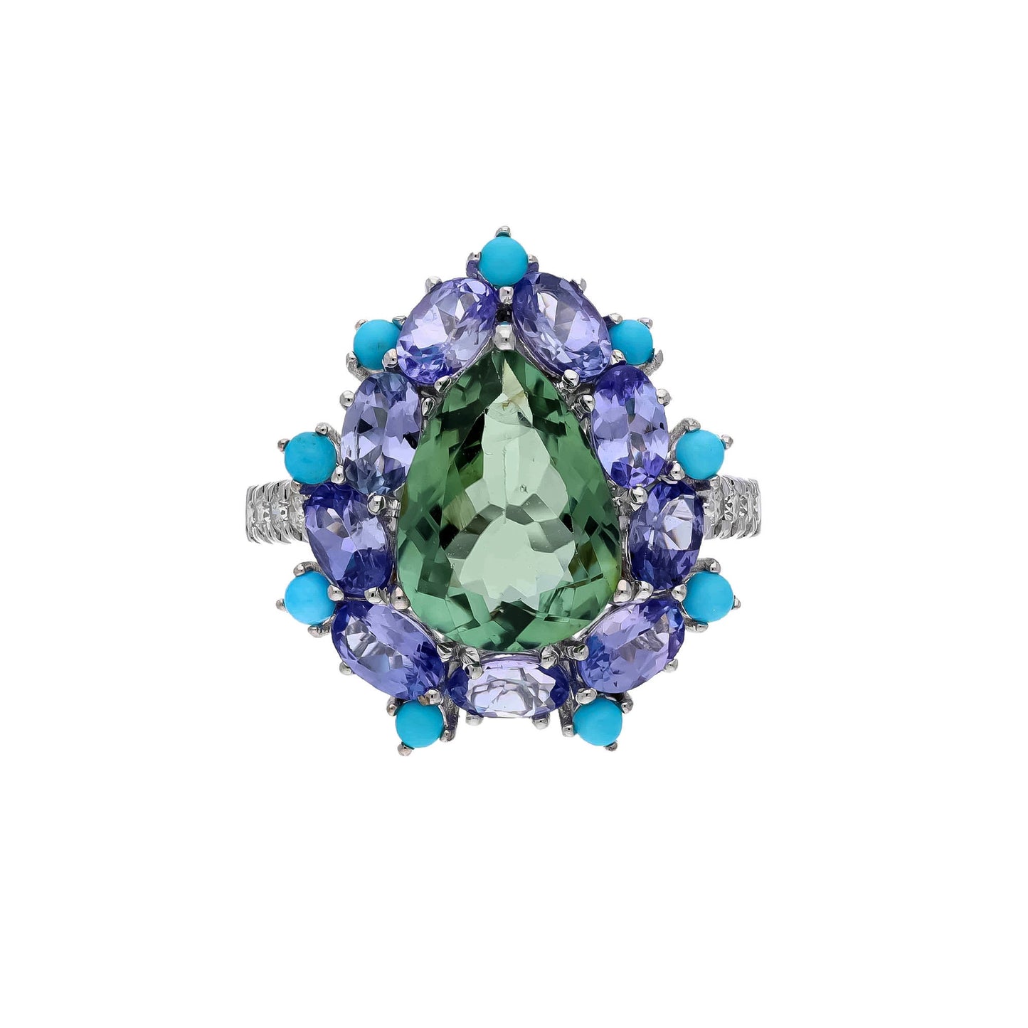 Rare 3.58 Cts Green Pear Tourmaline, Turquoise Tanzanite Diamond Designer Ring, 18k Solid Gold, Natural Gemstone, Wedding Jewelry For Her