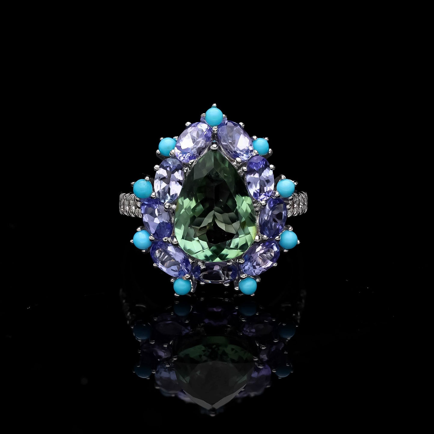Rare 3.58 Cts Green Pear Tourmaline, Turquoise Tanzanite Diamond Designer Ring, 18k Solid Gold, Natural Gemstone, Wedding Jewelry For Her